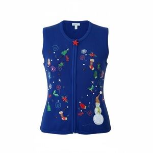 Kim Rogers XL Blue Christmas Sweater Vest Snowman Stockings Embroidered Holiday